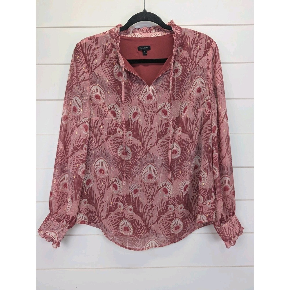 Talbots Peacock Feather Blouse Small Pink Ruffle Peasant Metallic Fairy Romantic